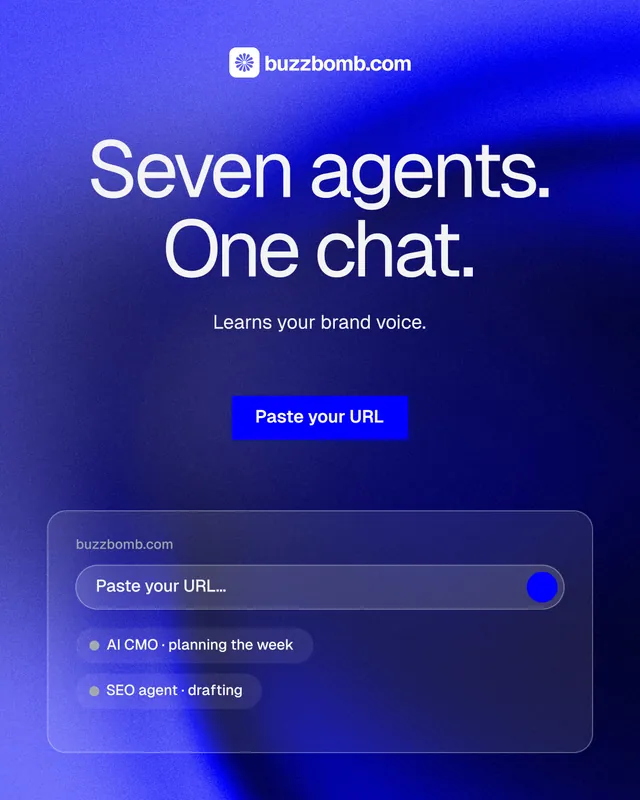 Instagram portrait post for BuzzBomb: "Seven agents. One chat." Swiss style, centred layout, dark palette in blue.