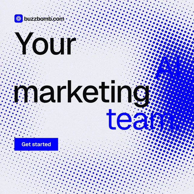 Instagram post for BuzzBomb: "Your AI marketing team." Split block style, stacked layout, light palette in blue, white.