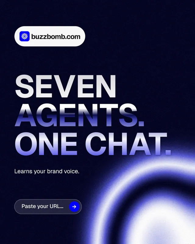 Instagram portrait post for BuzzBomb: "Seven agents. One chat." Agentic glass style, announce layout, dark palette in black, blue.