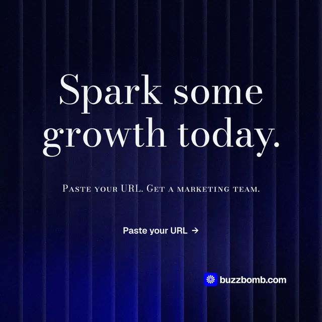 Instagram post for BuzzBomb: "Spark some growth today." Minimal luxury style, smallcaps layout, dark palette in black, blue.