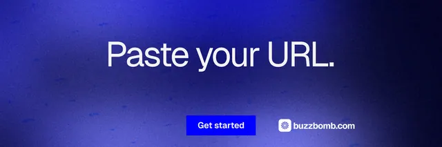 X header for BuzzBomb: "Paste your URL." Swiss style, centred layout, dark palette in blue.