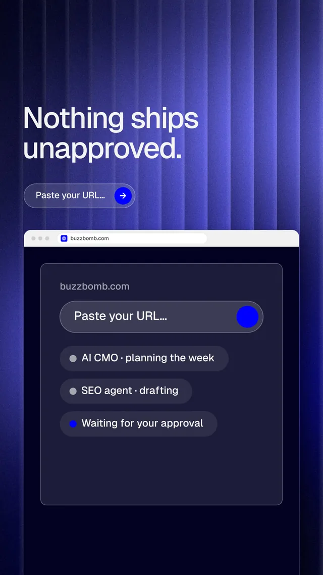 Instagram story for BuzzBomb: "Nothing ships unapproved." Agentic glass style, browser layout, dark palette in blue, black.