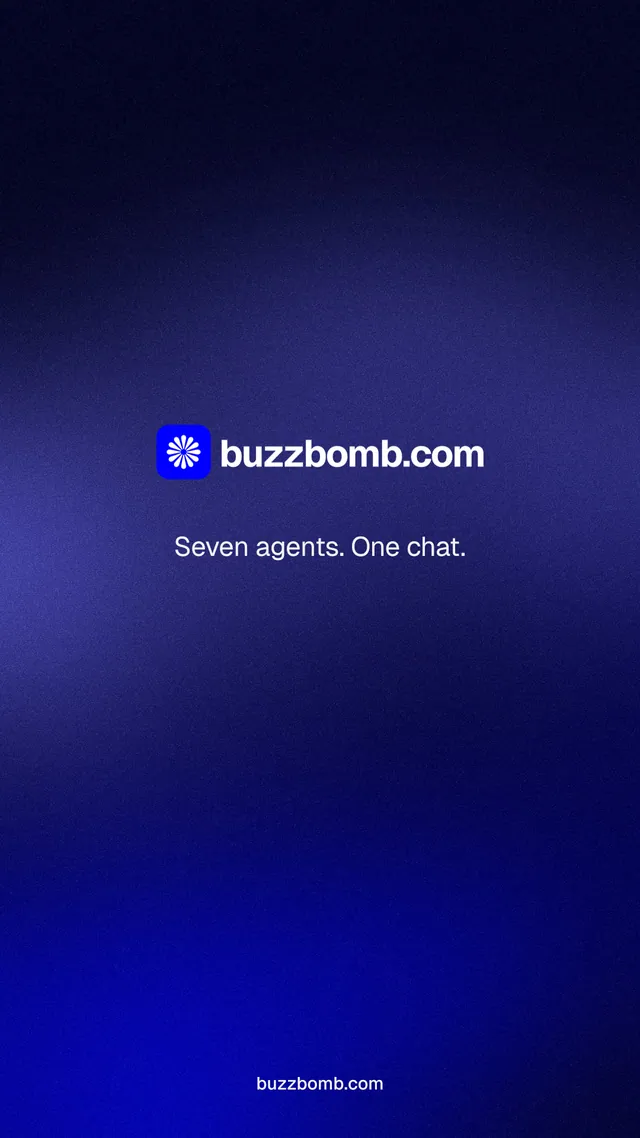 Instagram story for BuzzBomb: "Seven agents. One chat." Agentic glass style, end card layout, dark palette in blue, black.