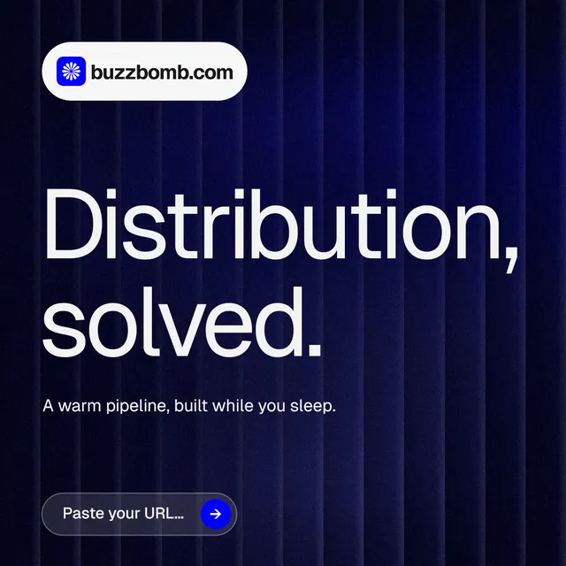 Instagram post for BuzzBomb: "Distribution, solved." Agentic glass style, announce layout, dark palette in blue, black, grey.