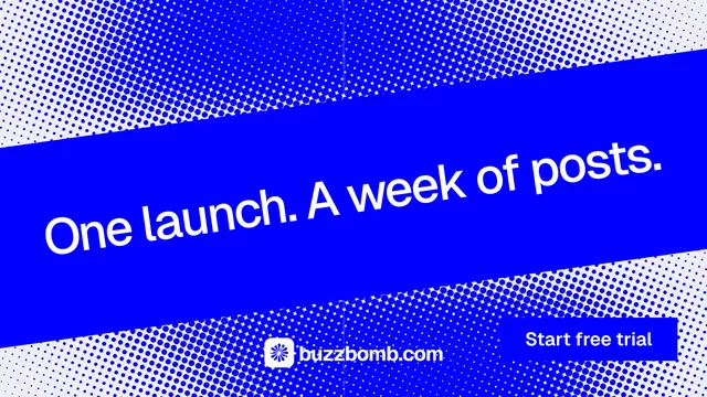 Landscape graphic for BuzzBomb: "One launch. A week of posts." Swiss style, diagonal layout, dark palette in blue.