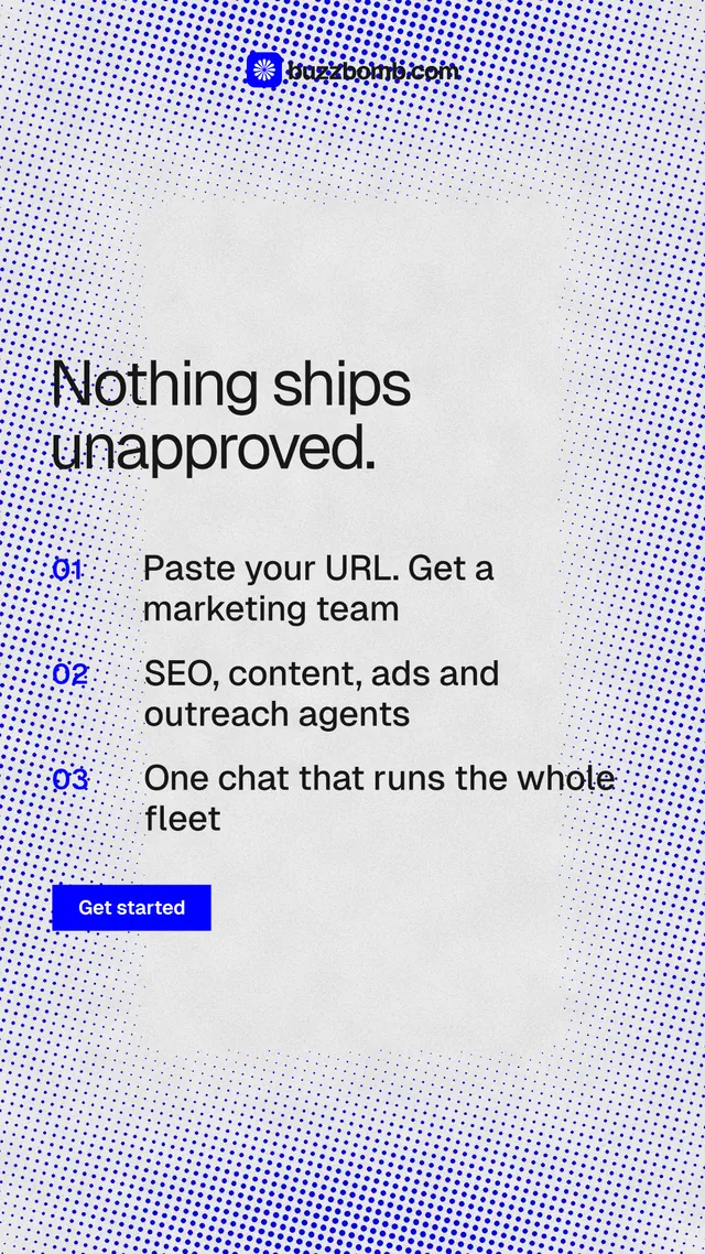 Instagram story for BuzzBomb: "Nothing ships unapproved." Swiss style, numbered layout, light palette in blue, white.