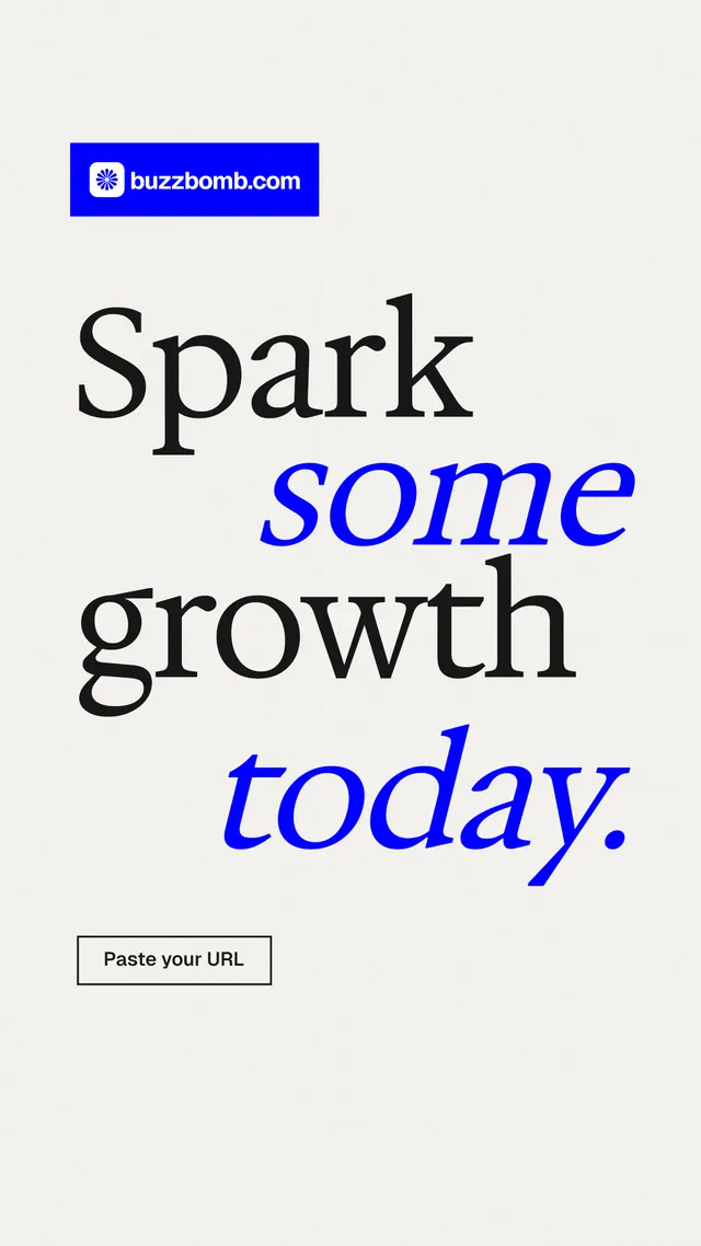 Instagram story for BuzzBomb: "Spark some growth today." Editorial style, stacked layout, light palette in white, blue.