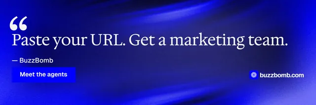 X header for BuzzBomb: "Spark some growth today." Swiss style, quote layout, dark palette in blue.
