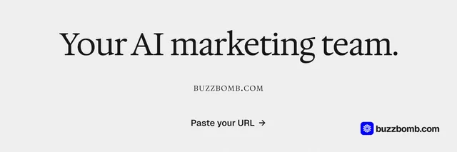 X header for BuzzBomb: "Your AI marketing team." Editorial style, smallcaps layout, light palette in white, grey.
