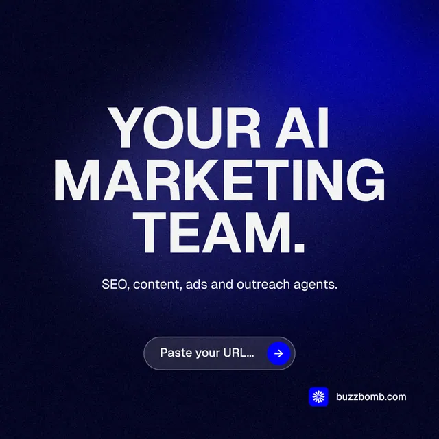 Instagram post for BuzzBomb: "Your AI marketing team." Agentic glass style, centred layout, dark palette in black, blue.
