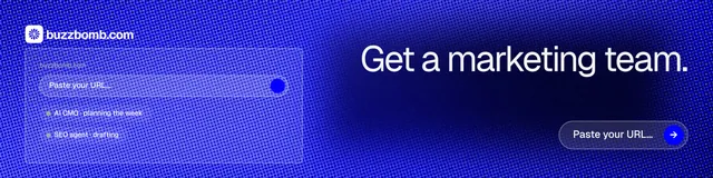 LinkedIn banner for BuzzBomb: "Get a marketing team." Agentic glass style, right layout, dark palette in blue.
