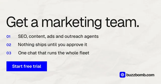 Social ad for BuzzBomb: "Get a marketing team." Swiss style, numbered layout, light palette in white, blue.