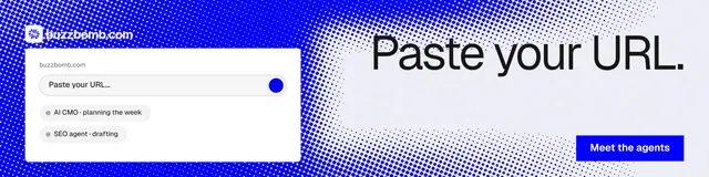 LinkedIn banner for BuzzBomb: "Paste your URL." Swiss style, right layout, light palette in white, blue.
