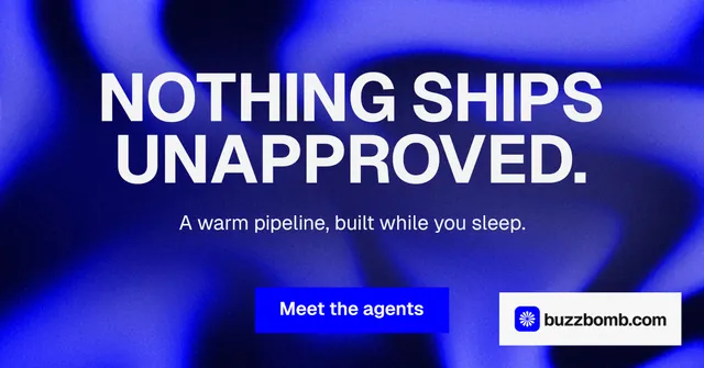 Social ad for BuzzBomb: "Nothing ships unapproved." Swiss style, centred layout, dark palette in blue.
