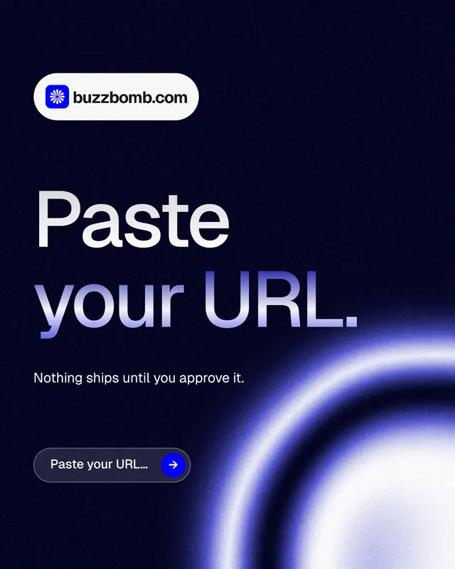 Instagram portrait post for BuzzBomb: "Paste your URL." Agentic glass style, announce layout, dark palette in black, blue.