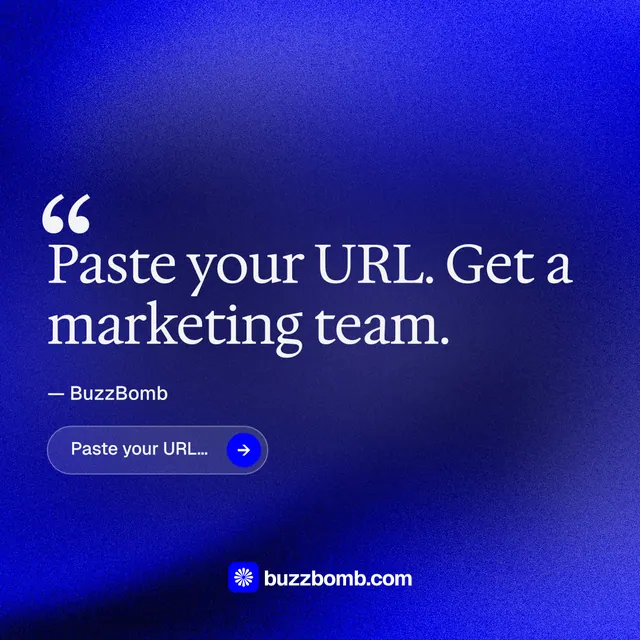 Instagram post for BuzzBomb: "Get a marketing team." Agentic glass style, quote layout, dark palette in blue.