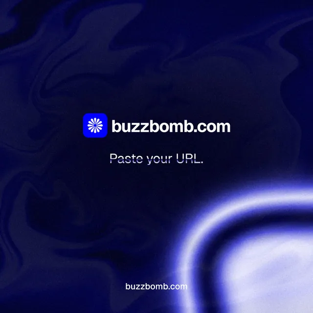 Instagram post for BuzzBomb: "Paste your URL." Agentic glass style, end card layout, dark palette in blue, black.