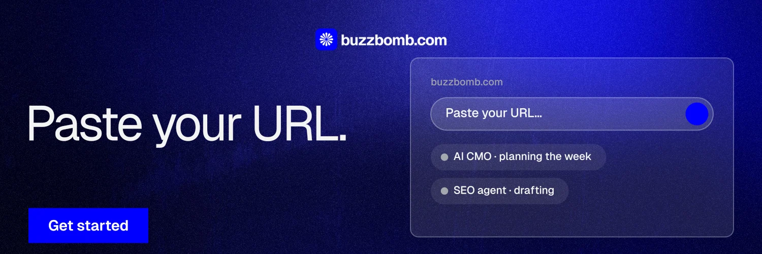 X header for BuzzBomb: "Paste your URL." Swiss style, bottom layout, dark palette in black, blue.