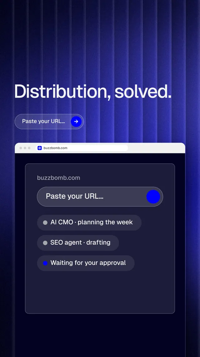 Instagram story for BuzzBomb: "Distribution, solved." Agentic glass style, browser layout, dark palette in blue, black.