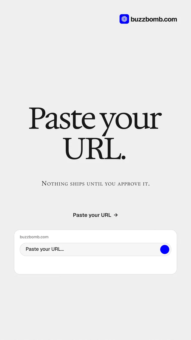 Instagram story for BuzzBomb: "Paste your URL." Swiss style, smallcaps layout, light palette in white, grey.