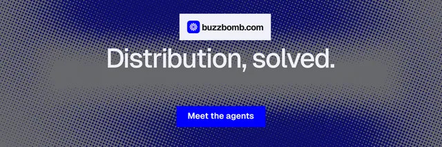 X header for BuzzBomb: "Distribution, solved." Swiss style, centred layout, dark palette in grey, blue.