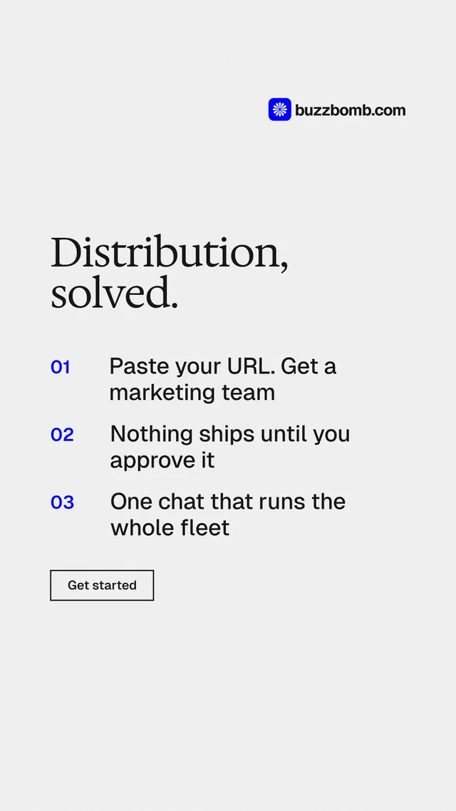 Instagram story for BuzzBomb: "Distribution, solved." Editorial style, numbered layout, light palette in white, grey.