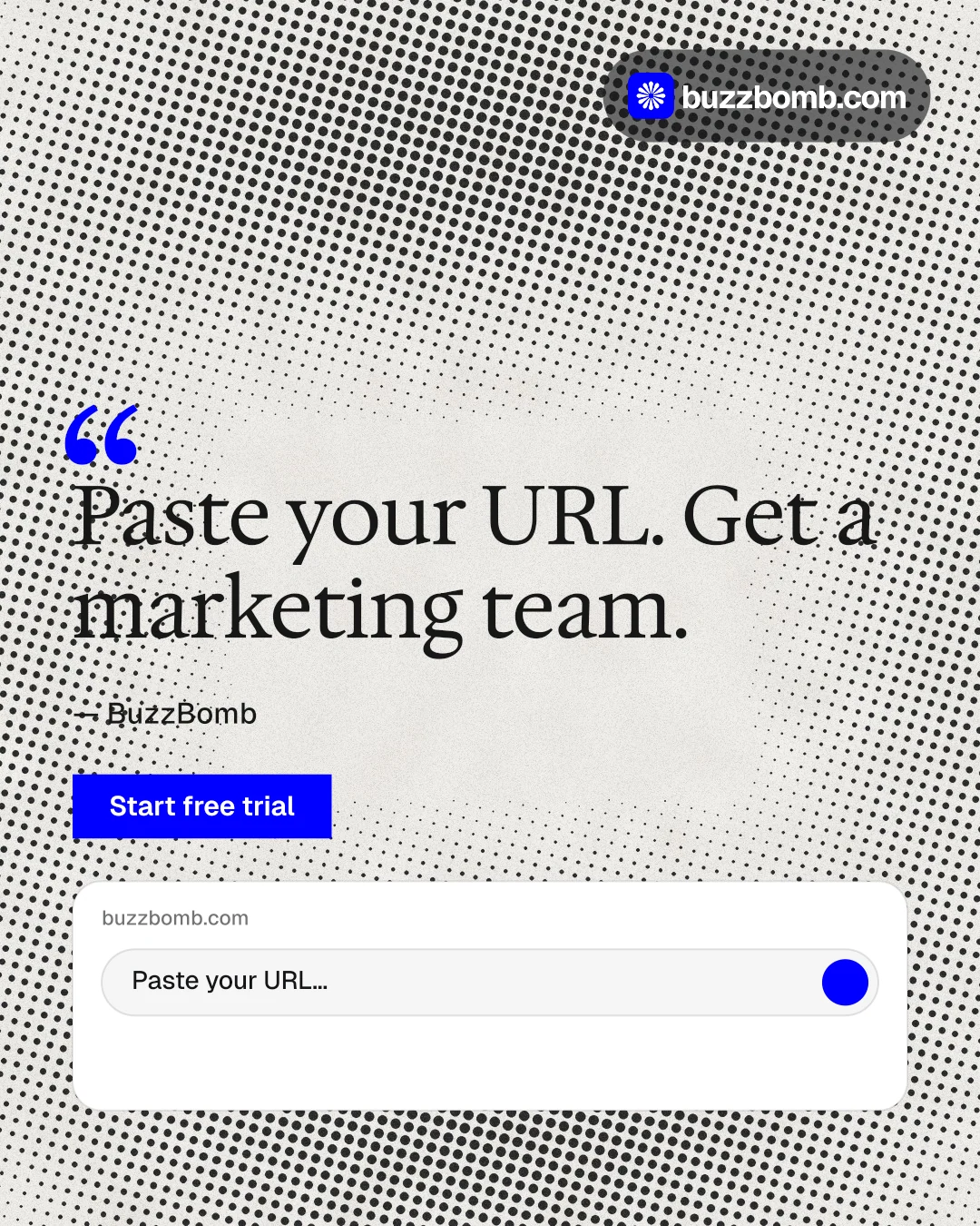 Instagram portrait post for BuzzBomb: "Get a marketing team." Swiss style, quote layout, light palette in grey, white.