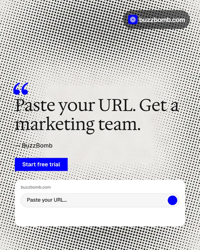 Instagram portrait post for BuzzBomb: "Get a marketing team." Swiss style, quote layout, light palette in grey, white.