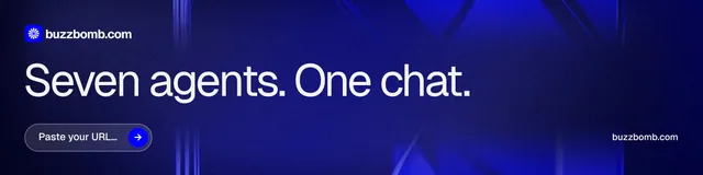 LinkedIn banner for BuzzBomb: "Seven agents. One chat." Agentic glass style, poster layout, dark palette in blue.