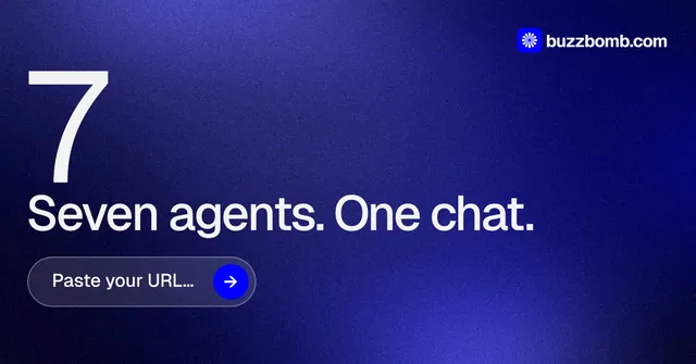 Social ad for BuzzBomb: "Paste your URL." Agentic glass style, stat layout, dark palette in blue.