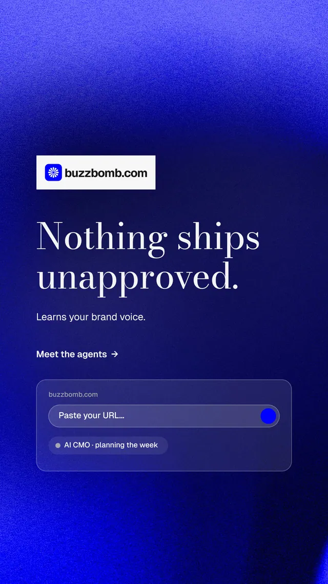 Instagram story for BuzzBomb: "Nothing ships unapproved." Minimal luxury style, announce layout, dark palette in blue.