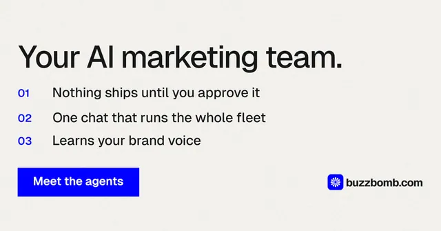 Social ad for BuzzBomb: "Your AI marketing team." Swiss style, numbered layout, light palette in white, blue.