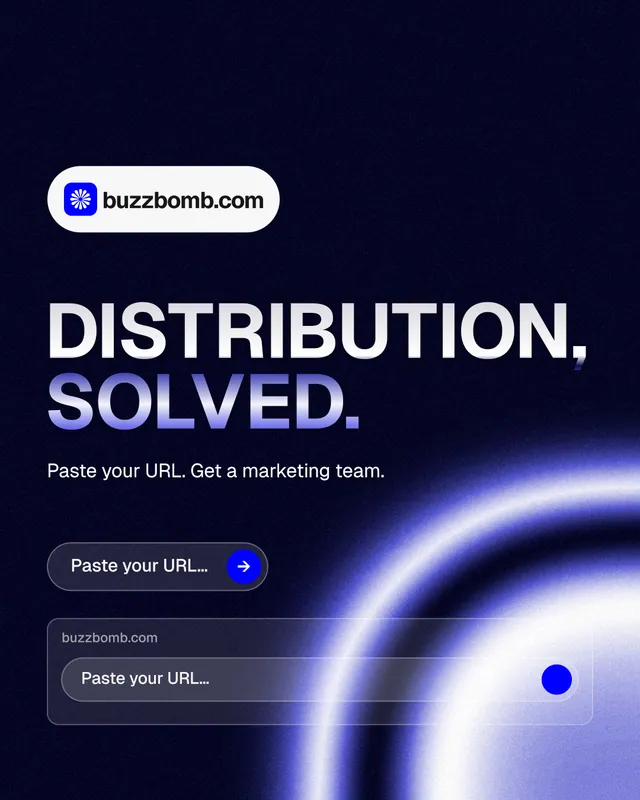 Instagram portrait post for BuzzBomb: "Distribution, solved." Agentic glass style, announce layout, dark palette in black, blue.