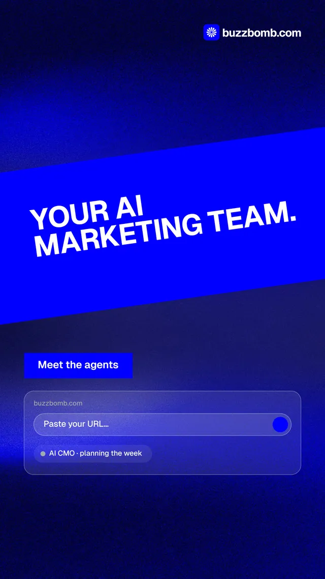 Instagram story for BuzzBomb: "Your AI marketing team." Swiss style, diagonal layout, dark palette in blue.