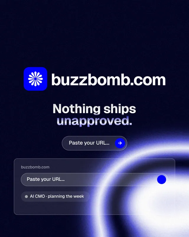 Instagram portrait post for BuzzBomb: "Nothing ships unapproved." Agentic glass style, logo hero layout, dark palette in black, blue.