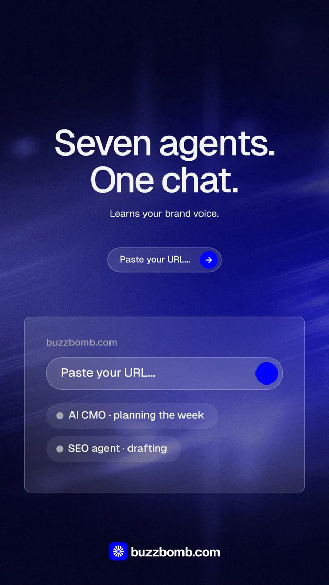Instagram story for BuzzBomb: "Seven agents. One chat." Agentic glass style, centred layout, dark palette in black, blue.