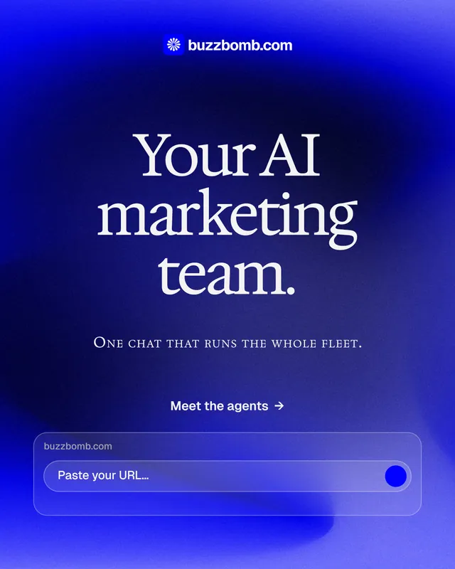 Instagram portrait post for BuzzBomb: "Your AI marketing team." Swiss style, smallcaps layout, dark palette in blue.