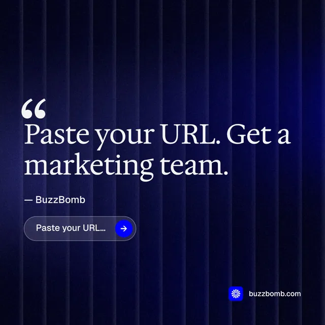 Instagram post for BuzzBomb: "Paste your URL." Agentic glass style, quote layout, dark palette in black, blue.