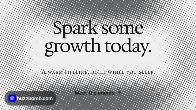 Landscape graphic for BuzzBomb: "Spark some growth today." Swiss style, smallcaps layout, light palette in white, grey.