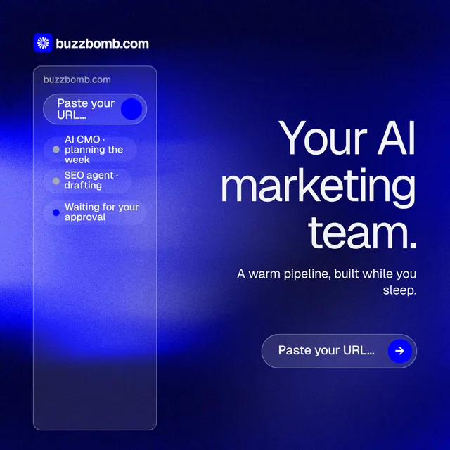 Instagram post for BuzzBomb: "Your AI marketing team." Agentic glass style, right layout, dark palette in blue.