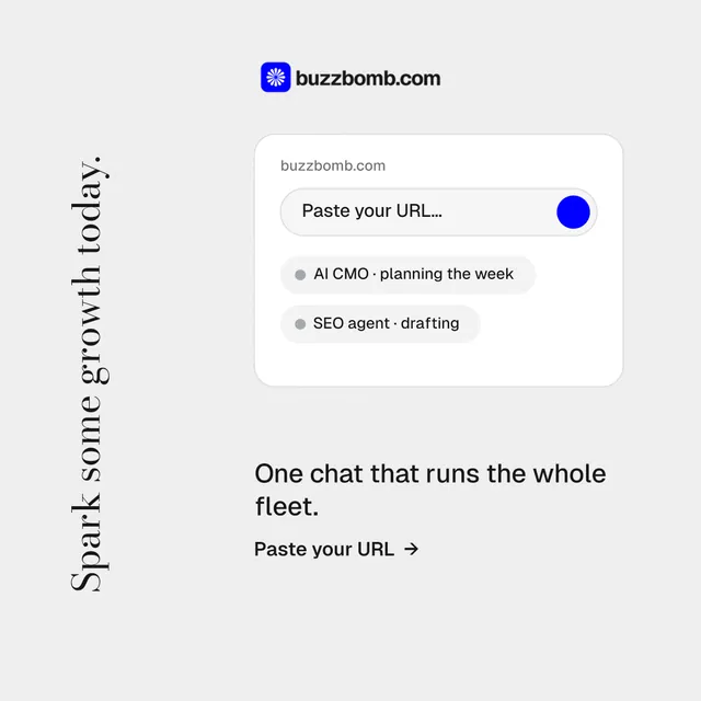 Instagram post for BuzzBomb: "Spark some growth today." Minimal luxury style, vertical layout, light palette in white, grey.