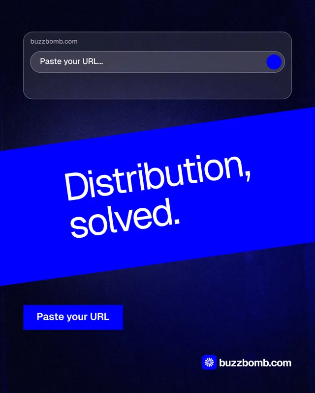 Instagram portrait post for BuzzBomb: "Distribution, solved." Swiss style, diagonal layout, dark palette in blue.
