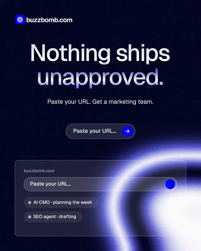 Instagram portrait post for BuzzBomb: "Nothing ships unapproved." Agentic glass style, centred layout, dark palette in black, blue.