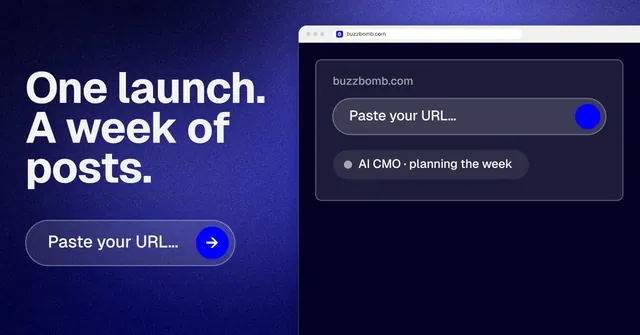 Social ad for BuzzBomb: "One launch. A week of posts." Agentic glass style, browser layout, dark palette in black, blue.
