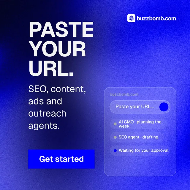 Instagram post for BuzzBomb: "Paste your URL." Swiss style, skeleton layout, dark palette in blue.