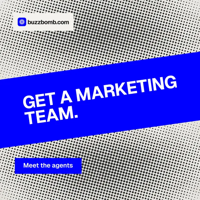 Instagram post for BuzzBomb: "Get a marketing team." Swiss style, diagonal layout, light palette in grey, blue, white.