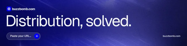 LinkedIn banner for BuzzBomb: "Distribution, solved." Agentic glass style, poster layout, dark palette in blue.