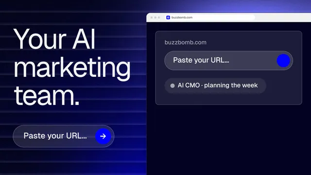 Landscape graphic for BuzzBomb: "Your AI marketing team." Agentic glass style, browser layout, dark palette in black, blue, grey.