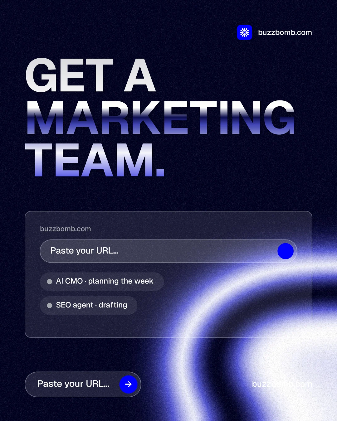 Instagram portrait post for BuzzBomb: "Get a marketing team." Agentic glass style, poster layout, dark palette in black, blue.