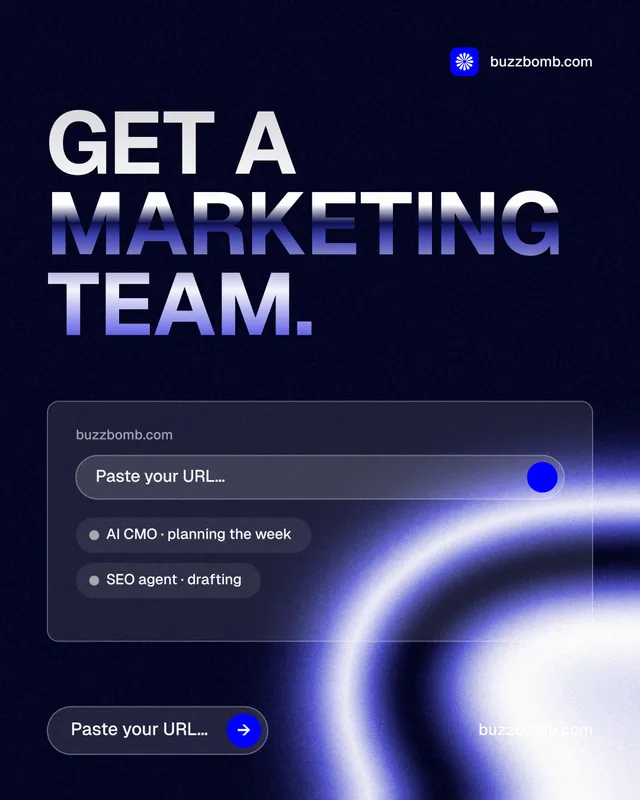 Instagram portrait post for BuzzBomb: "Get a marketing team." Agentic glass style, poster layout, dark palette in black, blue.